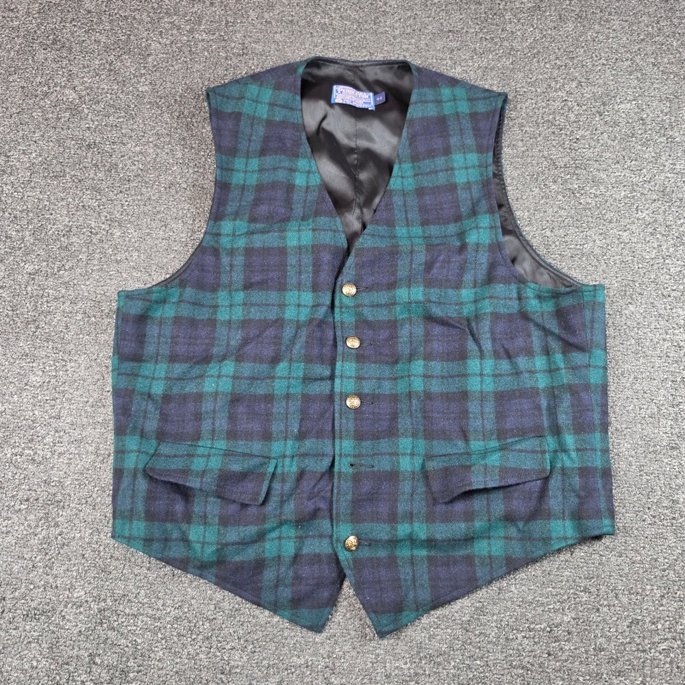 Vintage Pendleton Vest Green Blue Tartan Plaid Mens 44 Wool Button Front USA